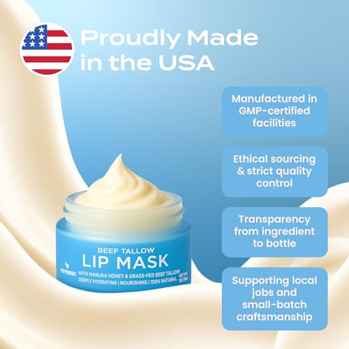 Body Restore Grass Fed Beef Tallow Lip Mask, Manuka Honey ? Christmas Stocking Stuffers, White Elephant, Hydrating Moisture, Travel Essentials, Self Care, Birthday Gifts for Women, Men ? Peppermint