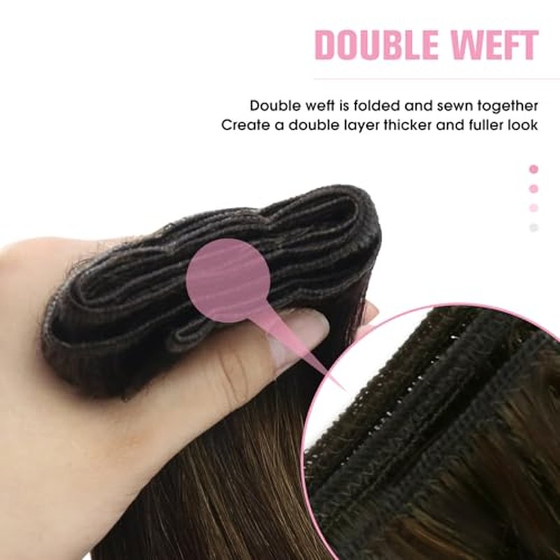 YoungSee 18 Inch Weft Hair Extensions Balayage Human Hair Weft Extensions Dark Brown Mix Medium Brown Highlights Sew in Hair Extension Real Human Hair for Women 100G