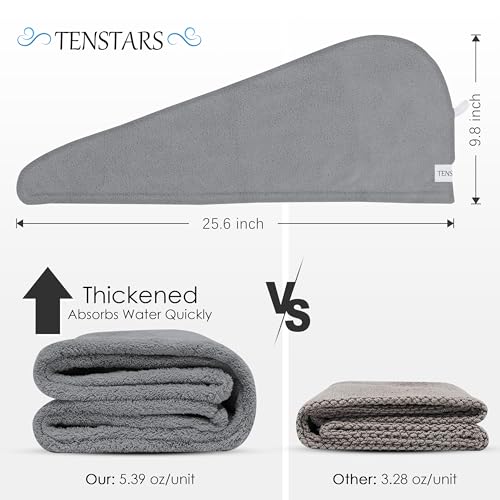TENSTARS 5 Pack Thicken Microfiber Hair Towel Wrap for Women - Elastic Loop Design - 320GSM Coral Velvet - Quick Dry Hair Turban - 11x28 Inch (Grey+Pink+Brown+FrozenBlue+FrozenBerry)