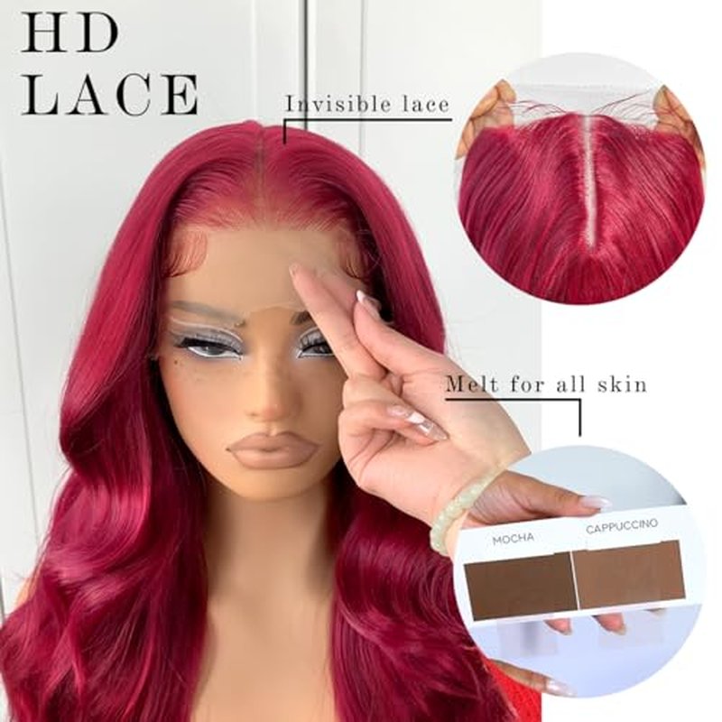 99j Burgundy Lace Front Wigs Pre Plucked Gluless Red Body Wave Lace Front Wigs Synthetic HD Lace Front Wig for Black Women 24 Inch