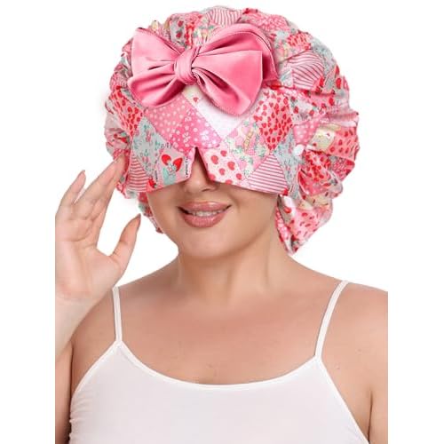 Double Layer Satin Hair Bonnet with Eye Mask Silk Sleep Cap with Tie Head Wrap for Curly Natural Hair Pink Strawberry
