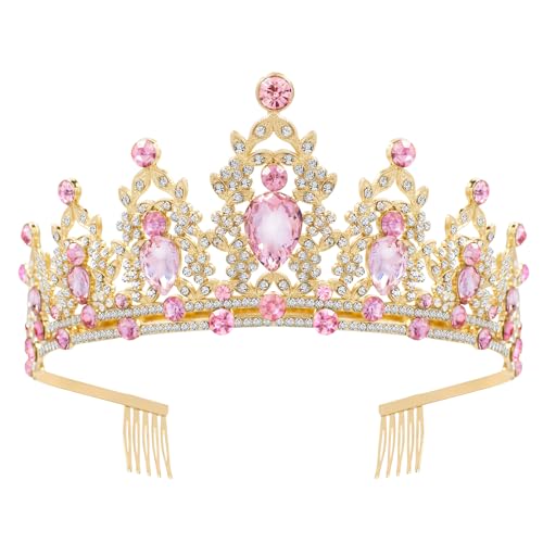 Gold Crown for Women, Fufuddz Pink Crystal Tiara Princess Tiaras Queen Crowns with Combs Quinceanera Birthday Bridal Wedding Prom Party Halloween Headband Christmas Hair Accessories 15th 16th