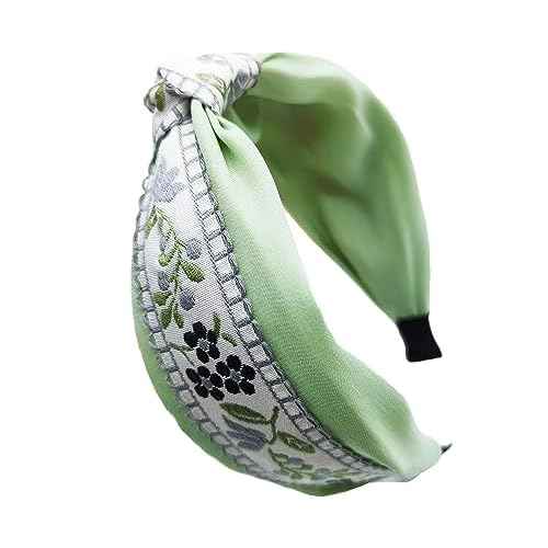 Boho Knotted Green Headband with Handmade Lace Embroidery Floral Headband for Girls Womens