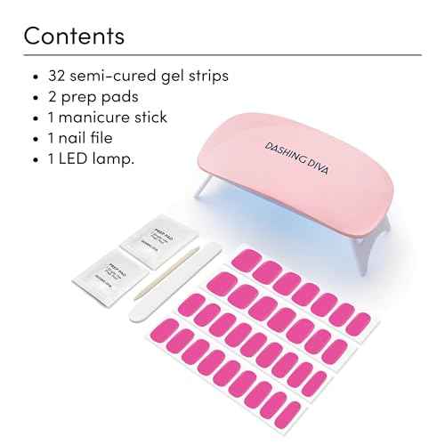 Dashing Diva Glaze Nail Starter Kit - Magenta Madness - Long Lasting, Chip Resistant, Semi-Cured Gel Nail Strips - 7-Piece Manicure Set with 32 Strips and Mini LED Lamp