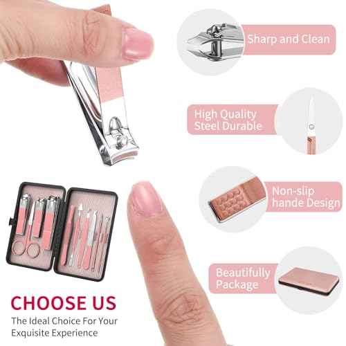 ZIZZON Travel Mini Manicure Set Nail Clipper Set 10 in 1 Stainless Steel Pedicure Care Grooming kit with Case Pink