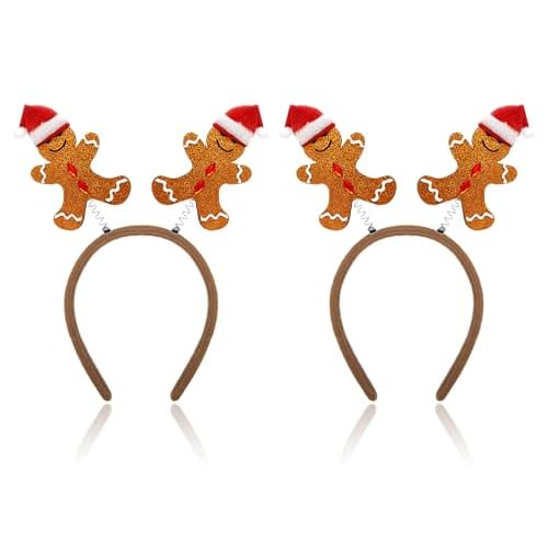 2 Pieces Gingerbread Headbands with Glitter Surface and 3D Santa Hat Cute Brown Gingerbread Hair Hoop Headpiece for Xmas Festival Party Holiday Themed Events