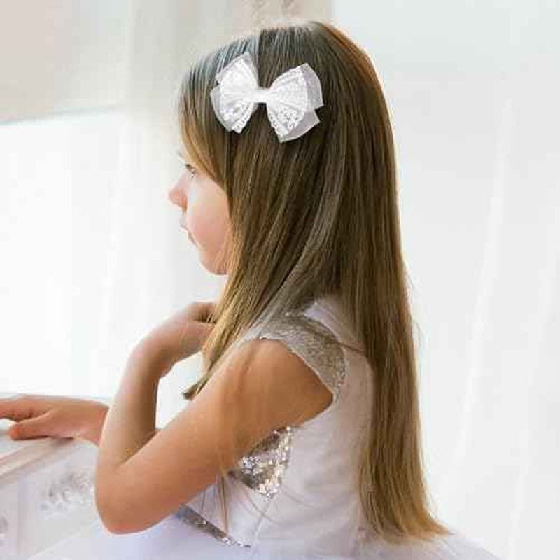 White Mesh Lace Hair Bow Clips Girls 4" Lace Fabric Bowknot Barrettes Alligator Hairpins for Flower Girl Kids Teens Toddler Bride Wedding Communion Pageant Party Dress Accessories Gift
