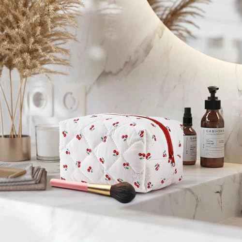Floral Makeup Bag,Floral Quilted Makeup Pouch,Large Cosmetic Bag,Fashionable Travel Makeup Pouch, Cute Cherry Make up Bag,Puffy Coquette Makeup Bag, Attractive Quilted Make up Bag