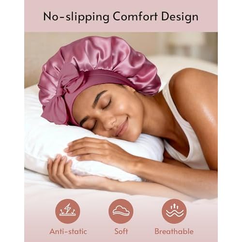 Yanideer 3 pcs Satin Bonnet Silk Bonnet for Sleeping Double Layer Satin Lined Hair Bonnet with Tie Band for Women Curly Hair