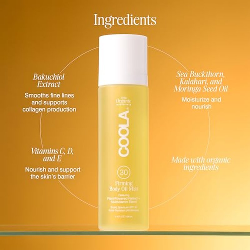 COOLA Firming Body Oil Mist SPF 30, Organic Lightweight Hydrating Sunscreen Mist with Bakuchiol, Vitamins C, D, E, Sea Buckthorn & Moringa Oils, Firms & Smooths Skin, 3.4 Oz