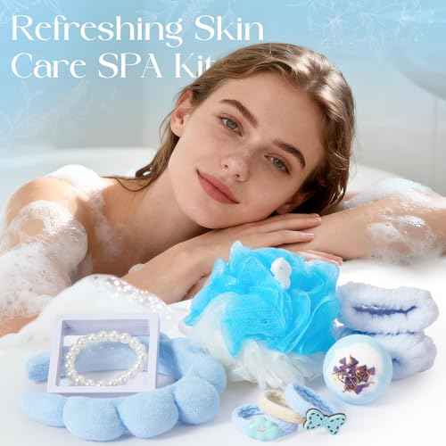 Golray Birthday Gifts for Women, Self Care Spa Gift Set for Women with Beach Towel, Glass Cup, Bath Bombs & Hair Accessories, Christmas Blue Gift Basket for Her, Girlfriend, Sister, Mom, Friends