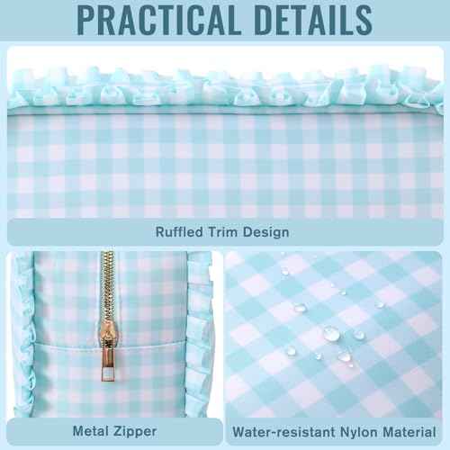 Gingham Ruffle Makeup Bag,Large Travel Cute Cosmetic Bag for Women Girls,Toiletry Bag Make up Organizer 10.8 x 4.5 x 8 inch (Mint Gingham)