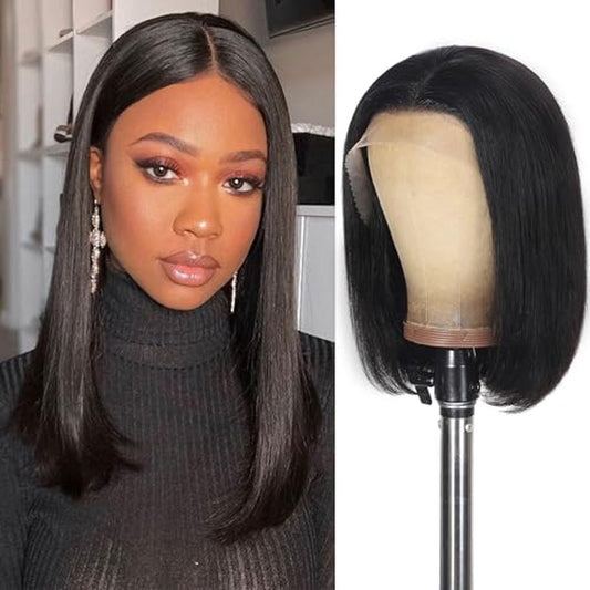 Bob Wigs Human Hair 13x4 HD Transparent Lace Front Wigs for Black Women Glueless Straight Bob Wigs 180% Density Frontal Human Hair Bob Pre Plucked Pre Cut Natural Hairline 16 Inch