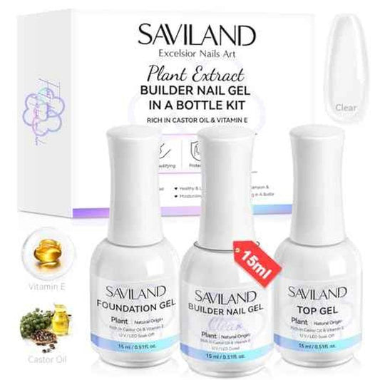 SAVILAND Clear Builder Nail Gel Kit: 3 Pcs 15ml Builder Nail Gel Base Top Gels with Castor Oil Vitamin E Apex Building for Thickening Extension Strengthening Repair Nails Art DIY Home Salon Gift Set