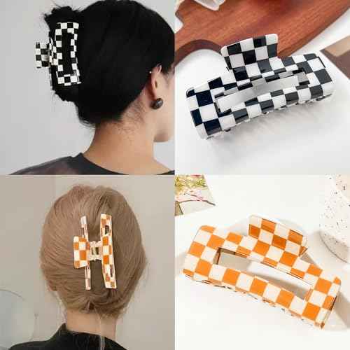 Checkered Rectangle Hair Claw Clips, Large Acrylic Multicolored Square Checker Barrettes for Thin Thick Hair Cute Non Slip Hair Jaw Clips Strong Hold Rectangle Claw Clamps for Women Ladies (4 Pack)