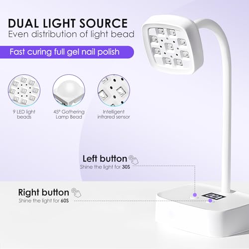 LED Mini UV Nail Lamp Auto Sensor Gel Nail Dryer 27W Rechargeable 360 Adjustable with 2 Timers