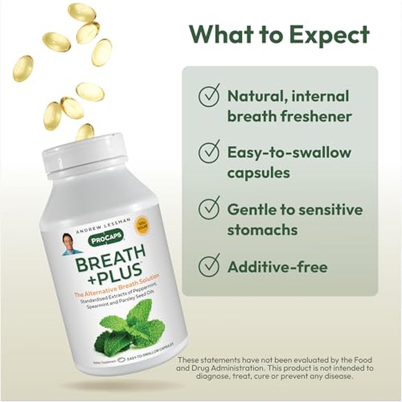 ANDREW LESSMAN Breath Plus 360 Softgels - Natural Breath Freshener, Helps Eliminate Odors from Food, Smoking, Morning Breath from The Inside Out. Peppermint, Spearmint. Easy to Swallow Softgels