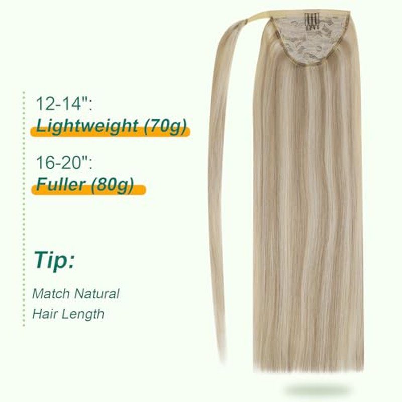 Easyouth Ponytail Extension Human Hair Blonde Pony Tails Hair Extensions Golden Blonde Highlighted Blond Wrap Around Ponytail Extensions for Women 12 Inch 70g