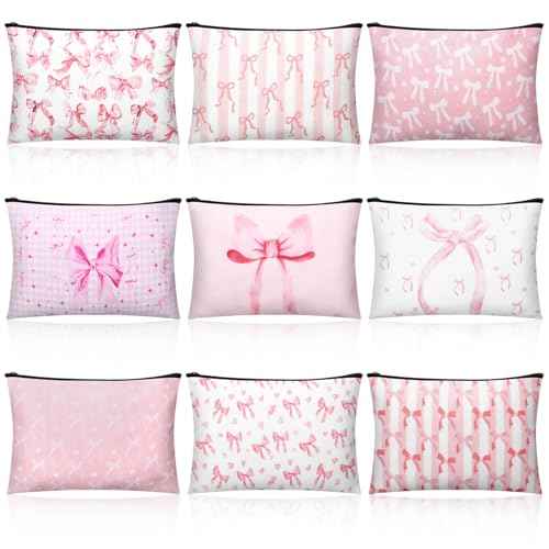 Kacctyen 9 Pcs Pink Bow Makeup Bag for Women Coquette Cosmetic Bag Bulk Preppy Pouch Coquette Gift with Zipper for Birthday Paty Favor Girls Travel Storage Accessories