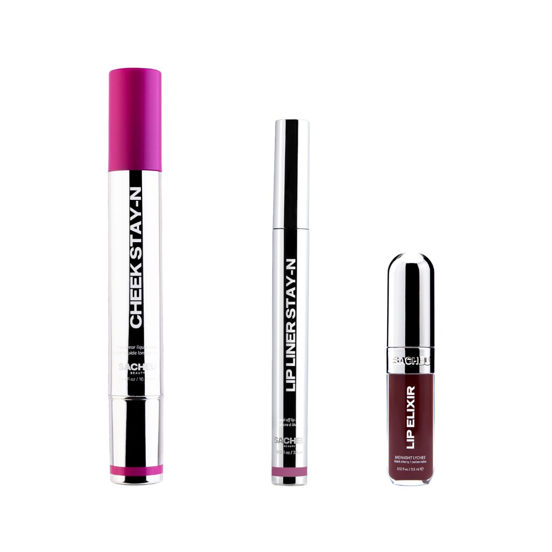 Sacheu Blushberry Bundle — High Pigment, Buildable, Long Lasting Luminous Glow in a Lightweight, Dewy Finish — Includes Lip Liner, Lip Elixir, & Cheek STAY-N