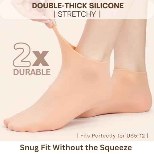 Reusable Silicone Socks for Dry Cracked Feet & Heels - Moisturizing Socks for Women and Men Fits Sizes US5-12 - Lotion Rubber Socks for Overnight Repair & Spa Treatment (Beige & Pink)