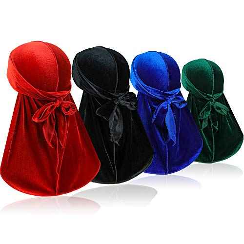 4 Pieces Men Velvet Durag with Long Tail Silky Durag Headwraps for 360 Waves