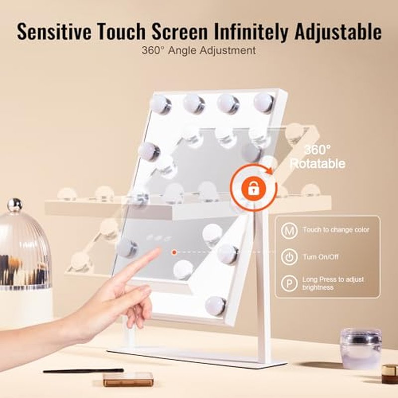 VEVOR Hollywood Vanity Mirror with Lights, 12 Dimmable Bulbs & 3 Color Lighting Modes, Makeup Mirror with Detachable 5X Magnification, Smart Touch Control, 360 Degree Rotation(16.1x11.8 in, White)
