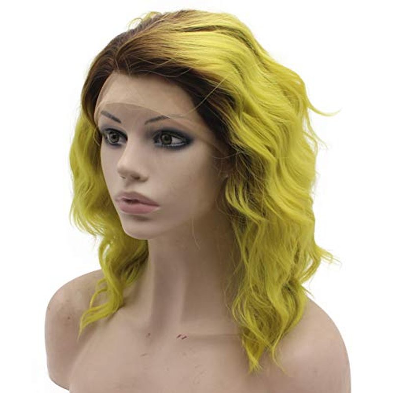 MX angel Shoulder Length Ombre Yellow Heat Friendly Synthetic Lace Front Wavy Wig