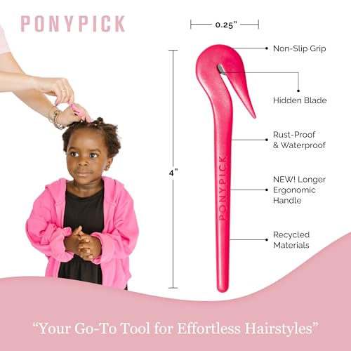 THE PONY PICK Hair Elastic Rubber Bands Cutter Tool Easy To Use, Pain Free, No Hair Damage Ponytail Cutter Tool for Kids & Toddlers (3 Picks & 50 Clear Hair Elastics)