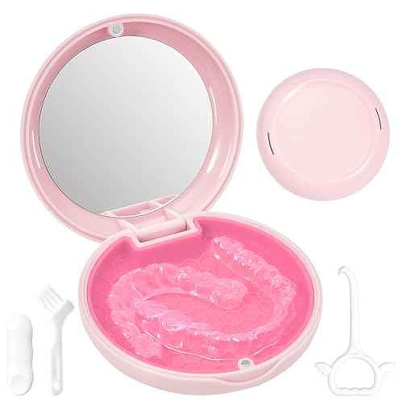 Retainer Case Slim Aligner Case with Vent Holes Removable Inner Tray Silicone for Easy Cleaning, Retainer Removal Tool and Brush (Opaque Pink)