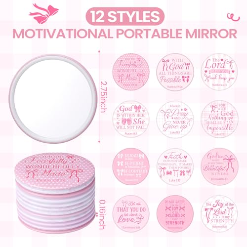 Geelin 24 Pcs Pink Bow Christian Gifts Bulk for Women 12 Coquette Bow Knot Religious Canvas Makeup Bags 12 Bible Verse Compact Mirrors Inspirational Church Party Gifts for Women Mother Sister