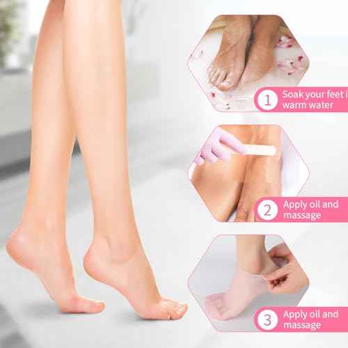 2 Pairs Silicone Moisturizing Socks for Dry Cracked Feet Women, Soft Gel Pedicure Foot Spa Aloe Socks, Anti-Slip Moisturizer Socks for Dry Cracked Feet Overnight Foot Care Pink&White