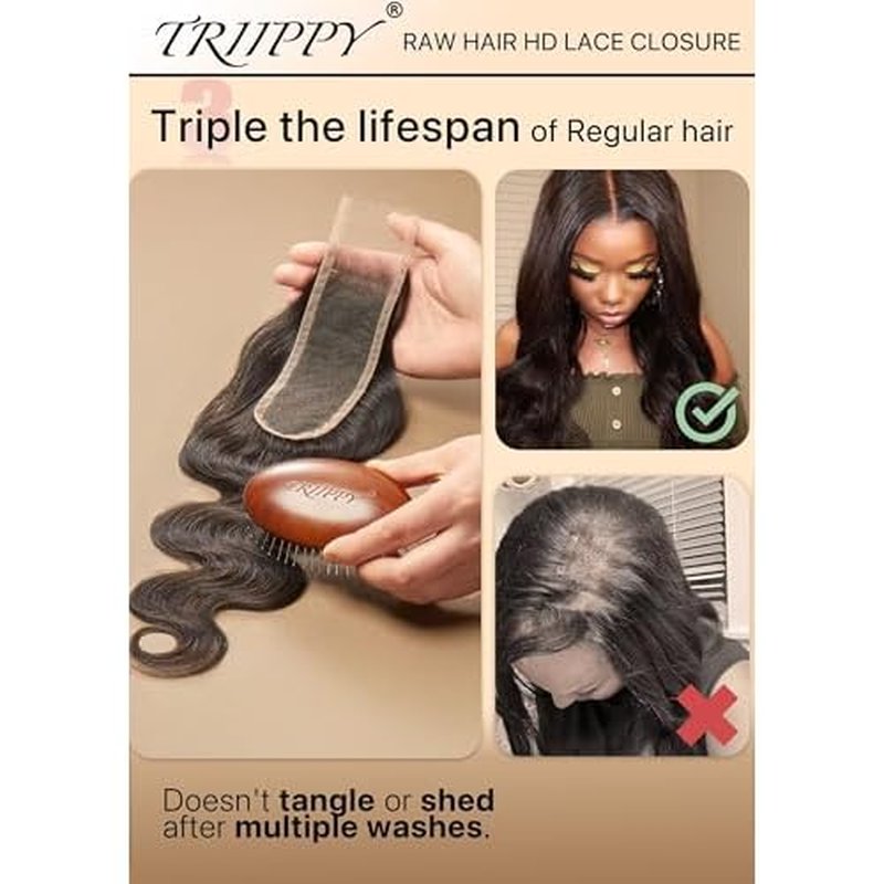 Triippy Raw Hair 2x6 HD Lace Closure Body Wave More Less Shedding than Regular Virgin Hair, 0.10mm Ultra-Thin 2x6 Swiss Real HD Lace with 100% Raw Cambodian Human Hair£¨16 Inch£©