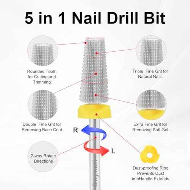 5 in 1 Nail Drill Bit, Tungsten Carbide Multi-Function Bit for Acrylic Nails, Hard Gels, Cuticles Removal, 3/32" Shank, Two-Way Rotation for Left & Right-Handed Use (XF Grit, SILVER)