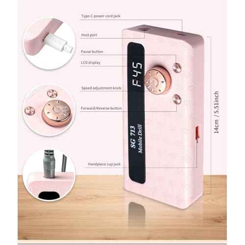 Electric Nail File Professional Kit - 45000RPM Portable Nail Drill Electric File with 11 Bits & Base?LED Screen?Ultra-Silent, Rechargeable Nail Drills Machine for Acrylic Nails Gel Polishing (Pink)
