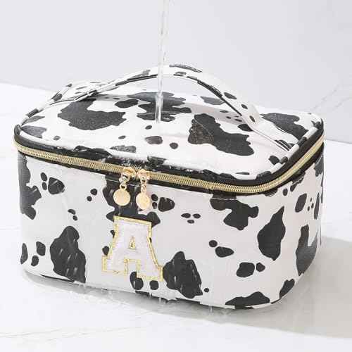 Personalized Monogram Makeup Bag with Dividers - Cow Print Travel Toiletry Organizer for Women | Waterproof Cosmetic Pouch with Brush Holder & Handle (9.8x6.7x5.1in)