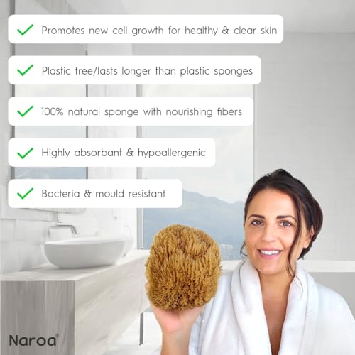 Naroa Exfoliating Natural Sponge for Shower X Large | Bath Sea Loofah for Healthy Skin | Unbleached Bathing Body Scrubber Puff | Plastic Free