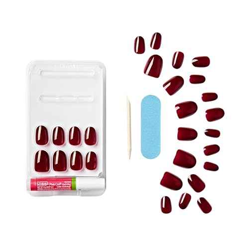 KISS Gel Fantasy, Press-On Nails, Nail glue included, 'One Call', Red, Short Size, Oval Shape, Includes 28 Nails, 2g glue, 1 Manicure Stick, 1 Mini File