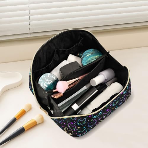 Makeup Organizer Bag, Colorful Neon Cat Heads Travel Makeup Bags Makeup Vanity Case Large Capacity Rhombus Cosmetic Toiletry Bag for Girl Women Ladies