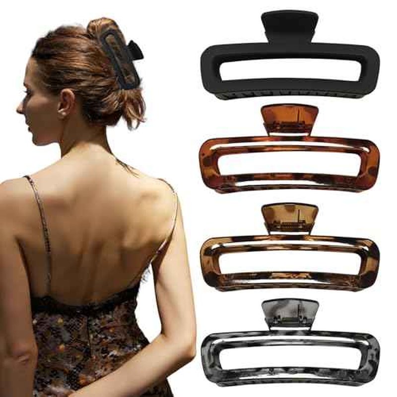 5 Inch Large Hair Claw Clips, No Slip Matte & Glossy Unbreakable Square XL Hair Clips for Thick Long Curly Hair, Women's Big Rectangle Strong Clips, 4 Pack