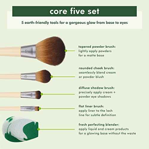 EcoTools Core Five Makeup Brush and Sponge Kit, For Eyeshadow, Blush, Bronzer, Eyeliner, & Foundation, Makeup Blending Sponge, Brush Essentials, 5 Piece Set