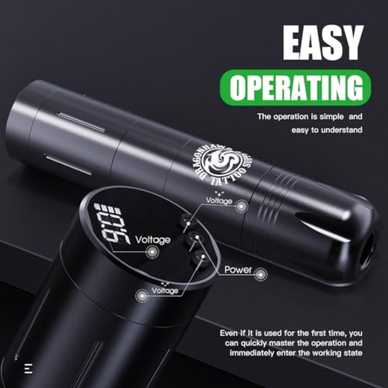 Dragonhawk X3 Pro Tattoo Wireless Gun Pen Machine Kit, Rca Jack Battery Power Supply, 10 Cartridges Needles, Tattoo Kit for Beginner