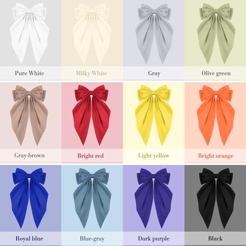 Hoteam 12 Pcs Silky Satin Oversized Hair Bows Bulk Big Hair Bows for Women Long Tail Large Bowknot Barrettes Hair Barrettes Clips Ribbon Bows Hair Accessories Gifts (Vibrant)