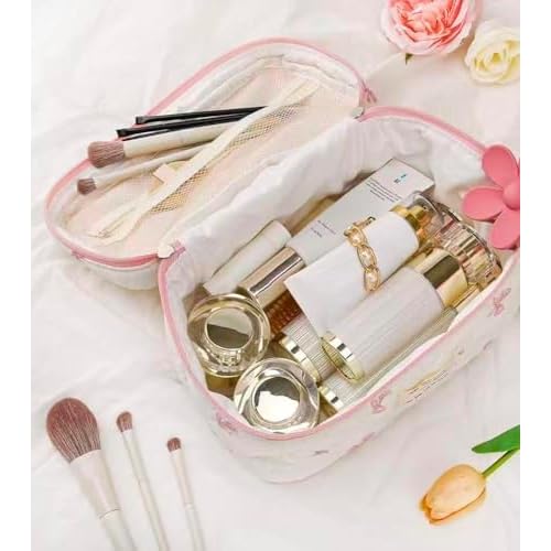 Large Travel Quilted Makeup Bag£¬Cute Bow Cotton cosmetic bag, Fashionable aesthetic makeup bag,Coquette Aesthetic Floral Travel Toiletry Bag for Women and Girls