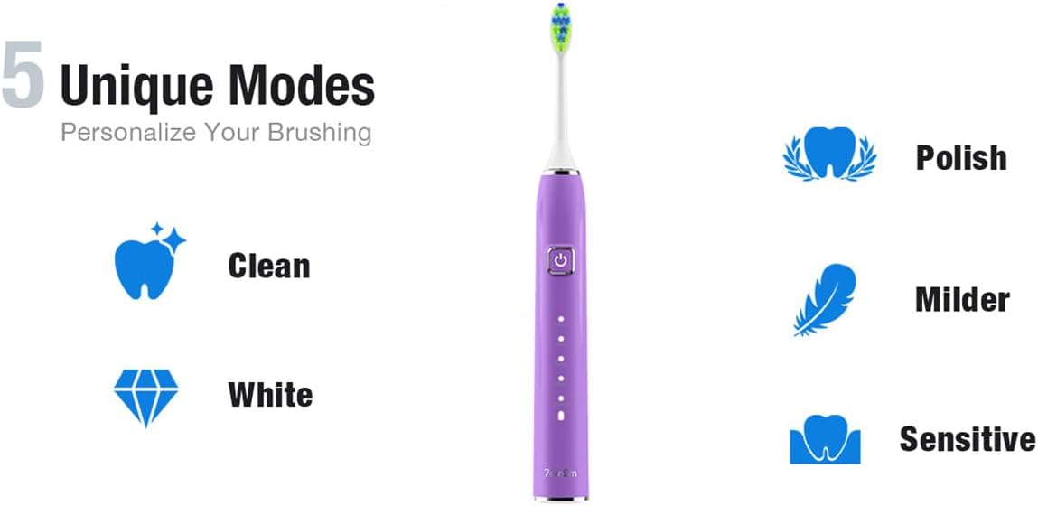 Ultrasonic Electric Toothbrush - 6 Brush Heads, 5 Modes, 120 Days Battery Life | USB-C Charge, Smart Timer (Purple)