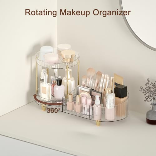 Makeup Organizer Countertop for Vanity, Rotating Perfume Tray with 5-compartment Cosmetic and Skincare Organizers, Multi-Purpose Desk Storage Makeup Brush Holder for Bathroom Bedroom Counter