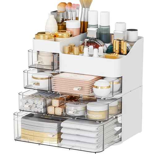 SuoXing Makeup Organizer for Vanity,Large 6 Drawers Make up Organizers for Counter,Plastic Cosmetic Storage Organizer for Dresser Countertop or Bathroom,Beauty Holder for Lipstick,Brush,Skincare,White