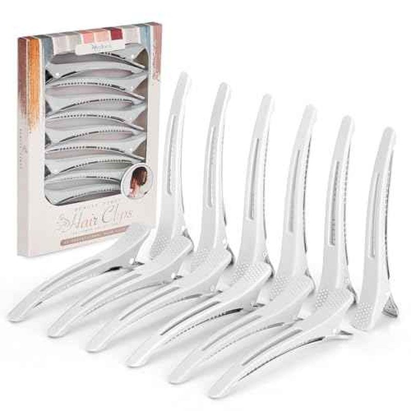 12PCS Hair Clips for Styling Sectioning - Non Slip No Crease Duck Billed Hair Clips for Women with Silicone Band - Professional 4.3 Inch Large Salon Hair Cutting Clips for Hairdresser - White