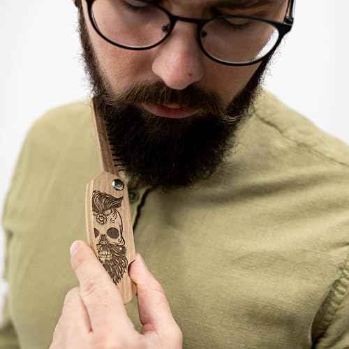 Enjoy The Wood Beard Comb for Men, Folding Pocket Beard Accessories for Men, Engraved Walnut Wooden Comb for Moustache, Beard & Hair For Him (Half Skull)