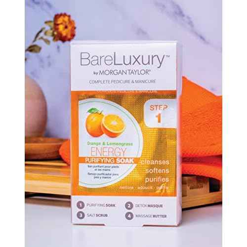 Morgan Taylor BareLuxury 4-Step Complete Pedicure & Manicure Packs - Complete Nail Care Kit with Soak, Masque, Scrub & Massage Butter, Professional Spa-Quality Treatments (Energy Orange & Lemongrass)